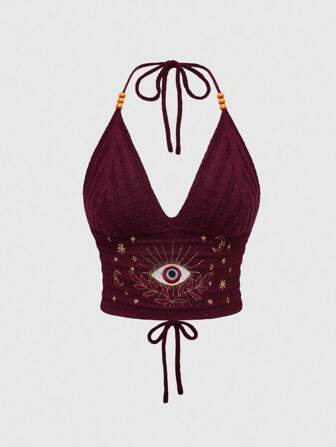 Hippie Back To School  Women Boho Summer Outfit "Hippie Vacation" Style Eye, Moon And Star Embroidery Knit Top, Beaded Top Halter Tops For Women