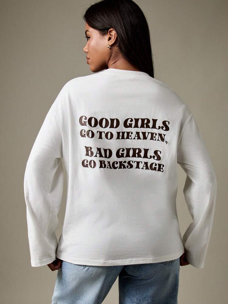MISSGUIDED Long Sleeve Retro Rock Band Concert Backstage T-Shirt Festival Streetwear Slogan Statement Print Fashion Top Year Round Essential Wardrobe Basic