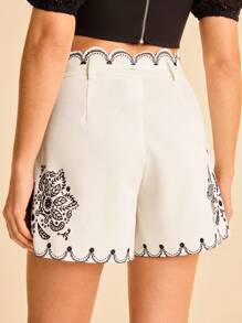 CAJUNI Vacation Casual Summer Tropical Bohemian Style Retro Print Wavy Hem Tie Front Women Shorts - Multicolor - View 2