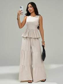 SHEIN PETITE 2 件套女士纯色圆领荷叶边下摆无袖衬衫和阔腿裤时尚服装