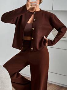 EURMUSE Women Button Front Cardigan And Sweater Pant 2pcs Set Co-Ords Two Pieces Set,Petite,Winter Clothes - Brown - View 4