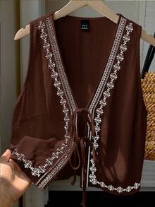 Comfortcana Women's Geometric Print Tie Front Sleeveless Casual Vacation Shirt Brown Tie Front Vest Boho Vest - Brown - View 3