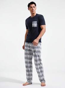 Manfinity Underwear&Sleepwear Basics Men Plaid Patched Pocket PJ Set / Pajama Set