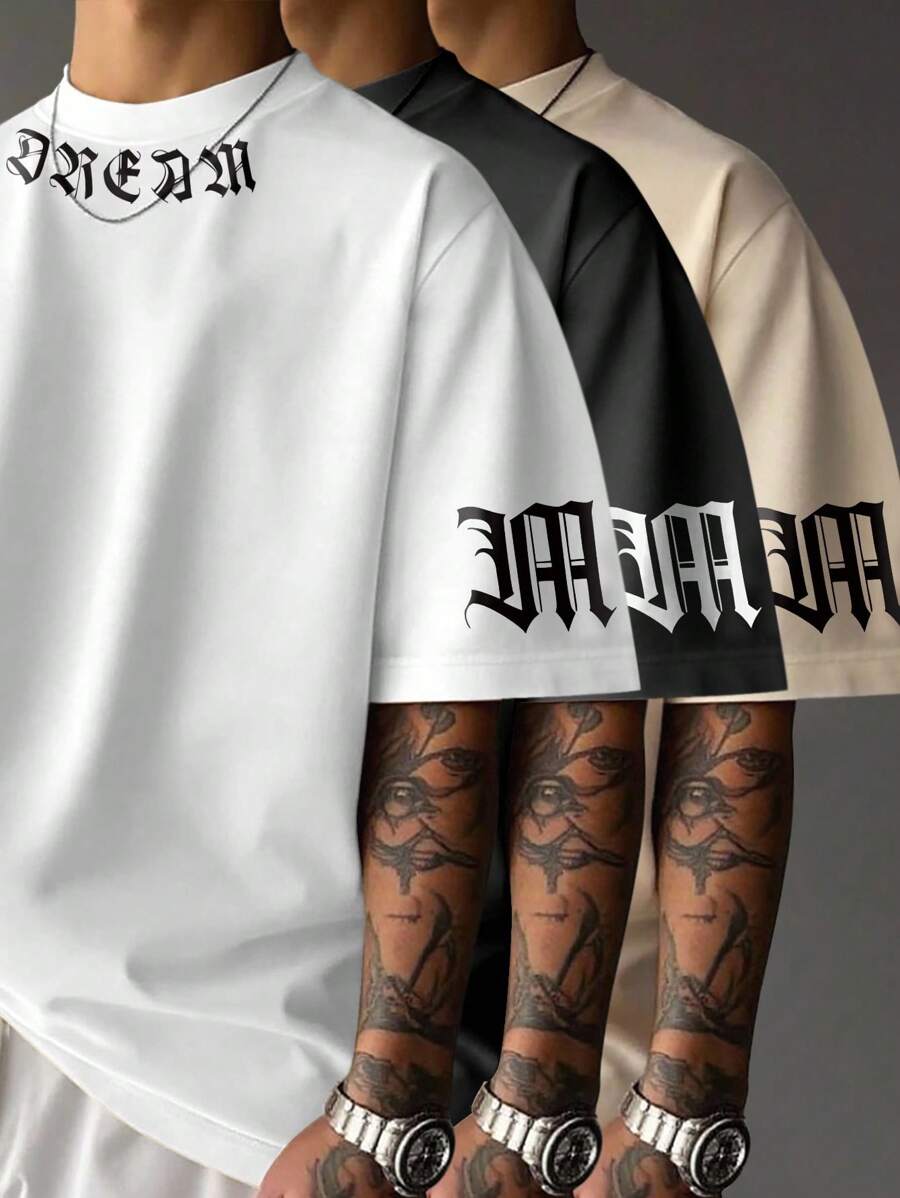 Manfinity Roughcore Men's Old English Gothic Graphic Print Mock Neck Oversized T-Shirt,Black And White,Summmer,Streetwear,City Break,Dark Academia Goth Y2K Relaxed Tee - Multicolor - View 1