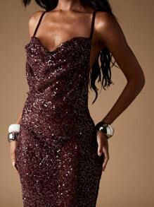 MISSGUIDED Vestido longo de festa com decote em V e lantejoulas, sem costas, comprimento até o chão, sereia, baile de formatura, formal, para convidada de casamento, com brilho, corte slim - Roxa - Ver 3