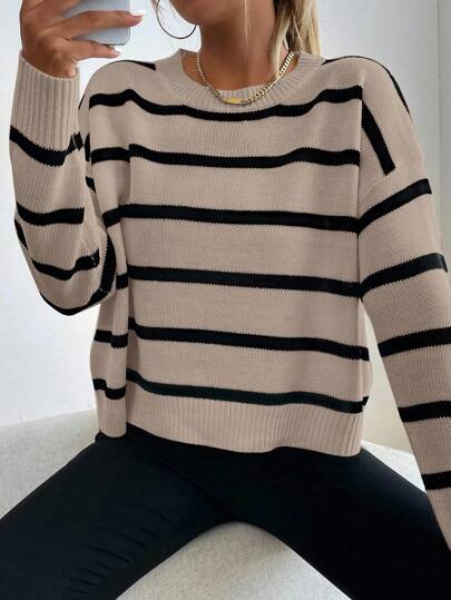 Lunelith SHEIN Lunessa Striped Drop Shoulder Sweater,Long Sleeve Tops Knit Pullover Fall Winter Outfit