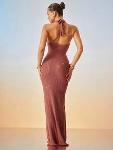 Hauture Váy len dệt kim lấp lánh gợi cảm cho kỳ nghỉ đêm hè dành cho nữ với chi tiết cắt xẻ phía trước - màu nâu - Xem 4