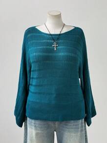 Sweetra Suéter de punto calado de color azul menta estilo Y2K/bohemio para mujer de talla grande, adecuado para vacaciones, apto para todas las estaciones de otoño e invierno