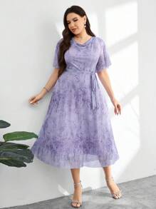 Modelyn Plus Size Elegant All-Over Print Cowl Neck Summer Dress - Purple - View 4