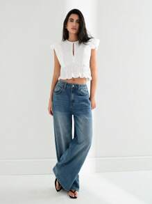 Maija 2025 New Summer Women's White Cinched Waist Ruffle Sleeve Embroidered Sweet Bohemian Casual Blouse, For Daily/Beach Vacation - White - View 4