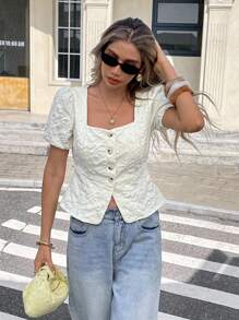 Serisse Áo cánh tay phồng dệt jacquard trơn màu thanh lịch dành cho nữ, mùa hè - Màu be - Xem 4