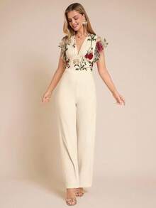 Amorya Elegant Women's V-Neck Mesh Floral Embroidered Ruffle Sleeve Apricot Color Jumpsuit Elegant Jumpsuits Embroidered Jumpsuit Floral Jumpsuit Palazzo JumpsuitAutumn And Winter Women's Clothing