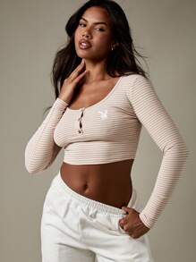 Missguided x Playboy Beige Striped Long Sleeve Henley Ribbed Crop Top Buttons Essential Loungewear Casual Basic Fall Winter Fashion Everyday Minimalist Style Front Button Placket Women - Multicolor - View 1