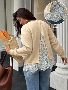 Easura Große Größen elegantes Color-Blocking Spitzen Patchwork Pullover mit offenem Rücken - Aprikosenfarben - Übersicht 6