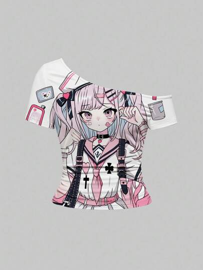 Anime Cute Anime Girl Cross Design Sexy Asymmetrical Neck Y2K Anime Cartoon T-Shirt For Women