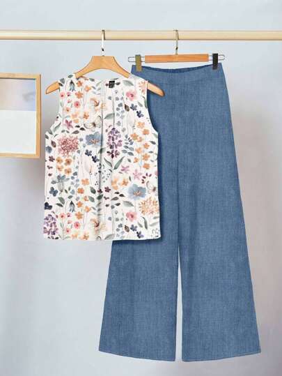 SHEIN Clasi 2 件套女士蓝白休闲简约花卉图案服装，适合夏季