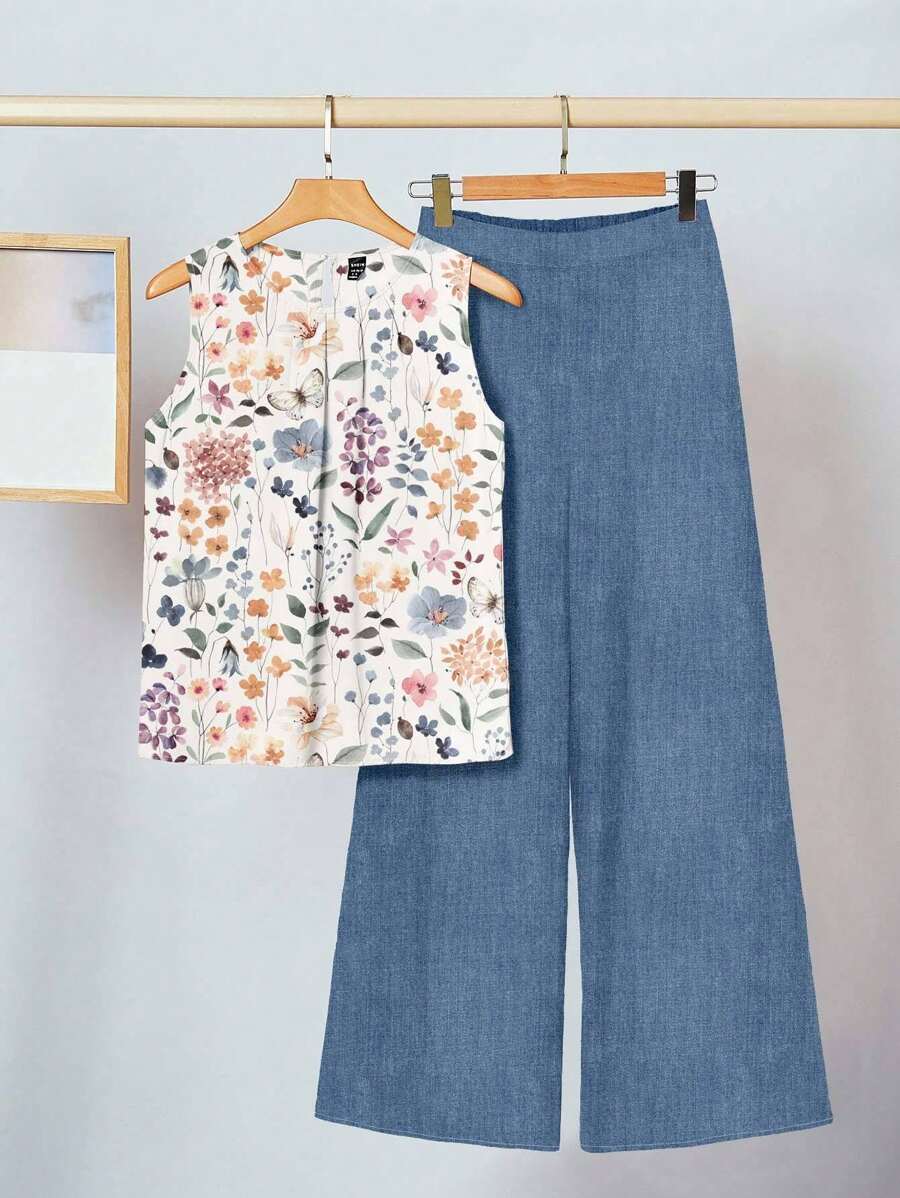 SHEIN Clasi 2 件套女士蓝白休闲简约花卉图案服装,适合夏季 - 藍色 - 查看 1
