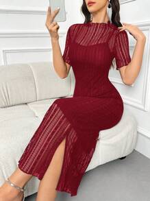 Modelyn Contrast Lace Split Back Elegant Dress For Summer Long Evening Dresses - Burgundy - View 2