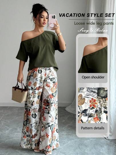 SHEIN VCAY 2 件套女士度假纯色不对称领口衬衫和花卉印花裤休闲套装