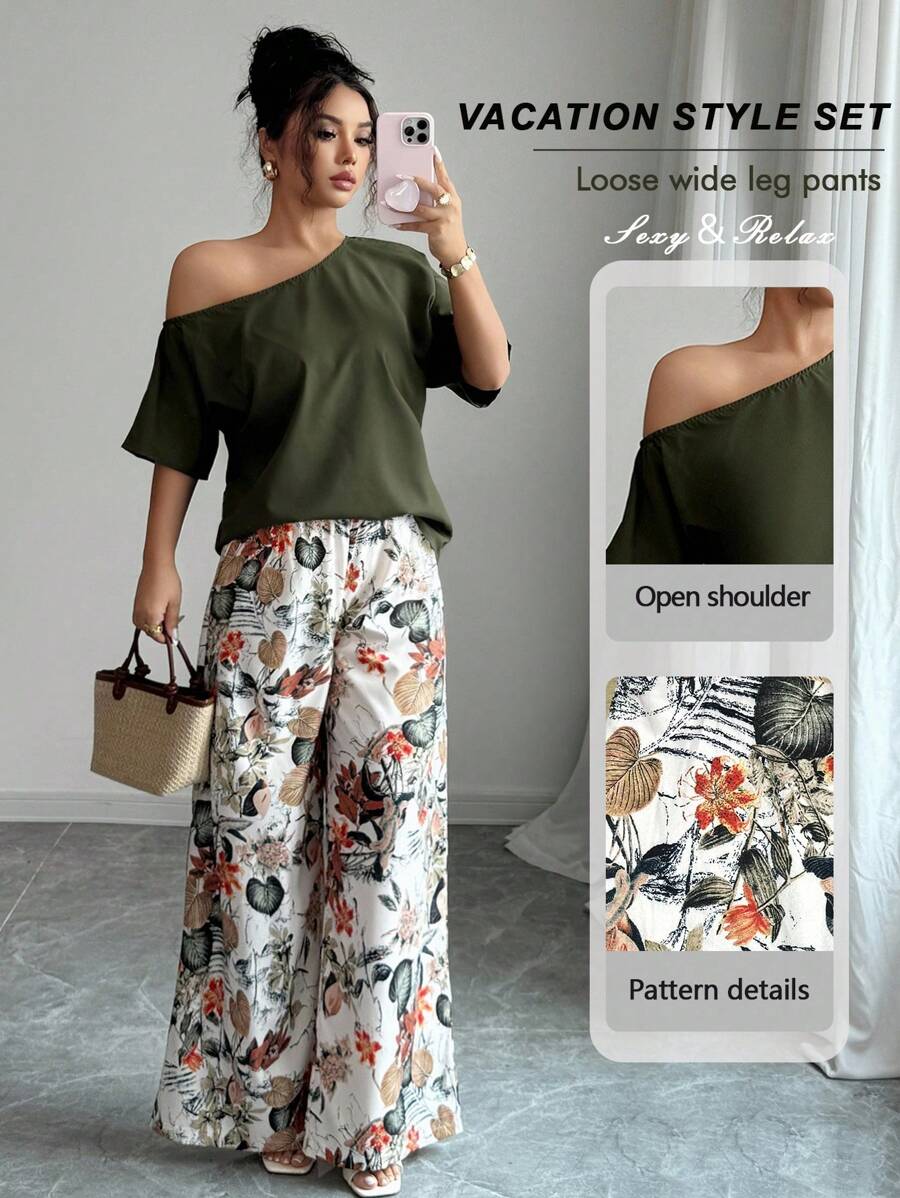 SHEIN VCAY 2pcs/Set Women's Vacation Solid Color Asymmetrical Neck Blouse And Floral Print Pants Casual Suit - Army Green - View 1
