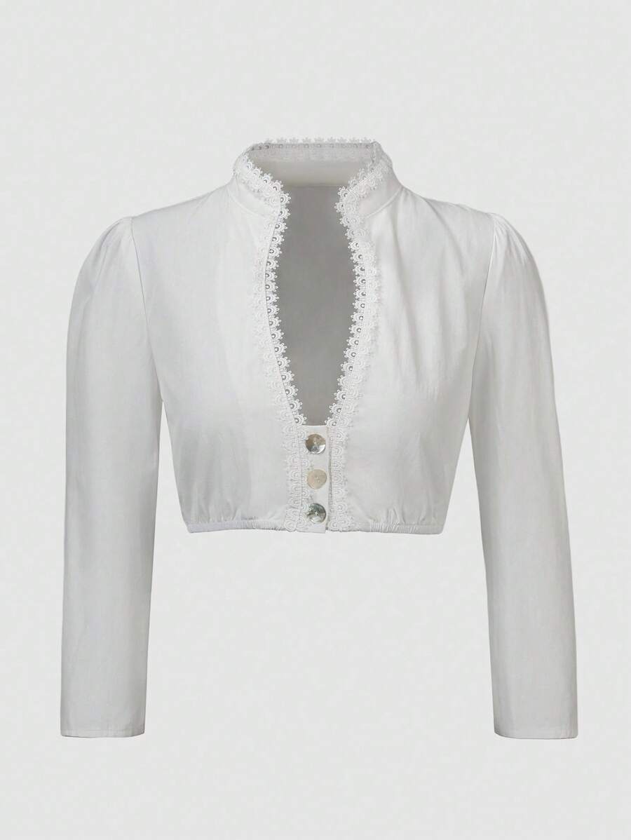 Fairmaia Women's Solid Color Lace Patchwork Long Sleeve Traditional German Top Breathable Lace Top In Plain Color, Traditional Summer Fashion, Dirndl - White - View 1