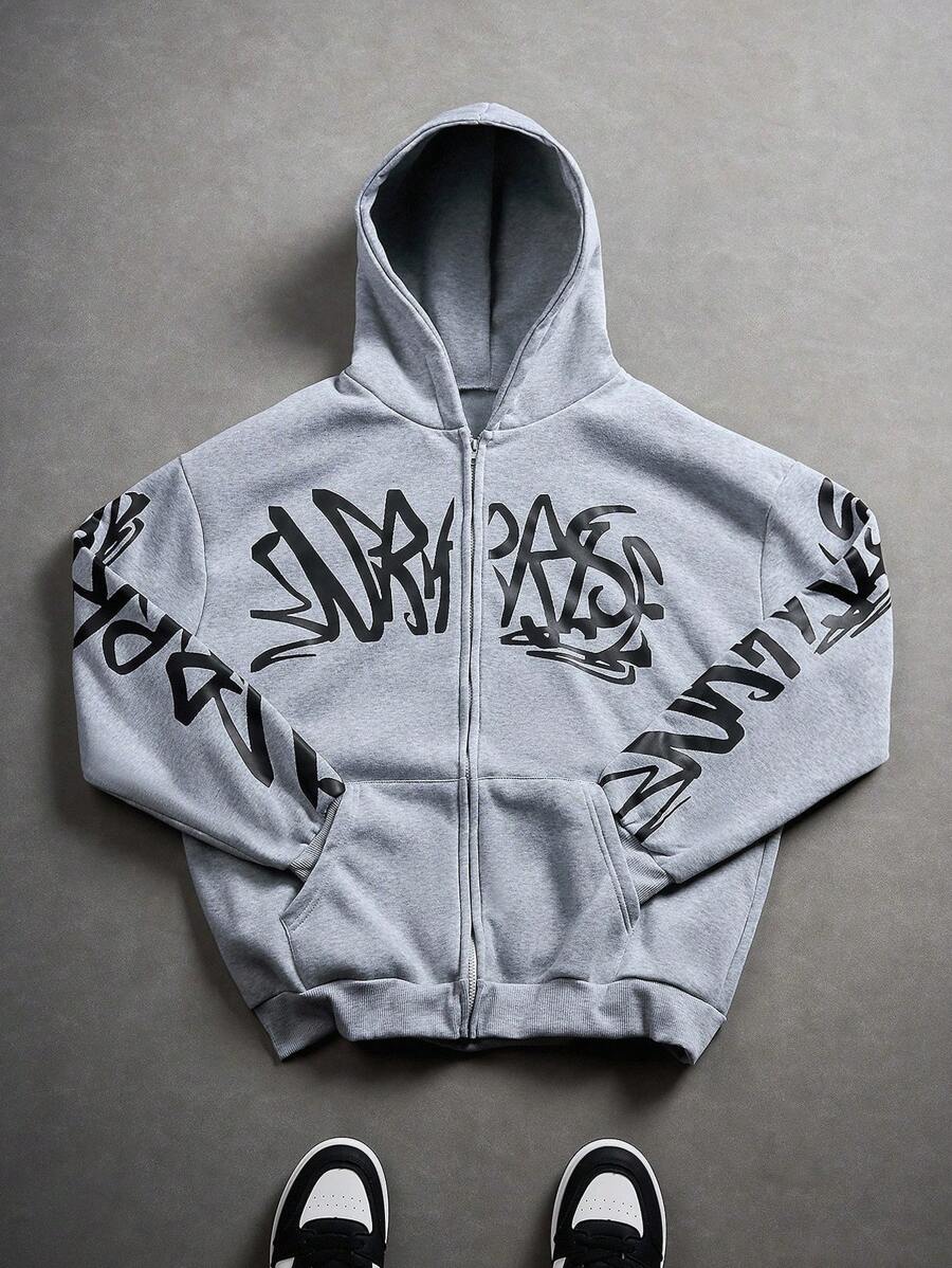 Manfinity Streetrush Sudadera con capucha de doble capa de moda callejera para hombres jóvenes, sudadera con estampado gráfico oversize