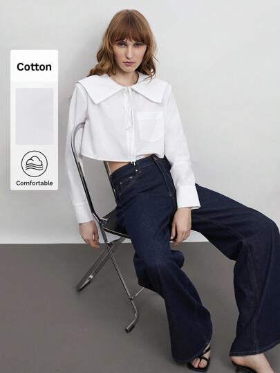 Maija Women's White Petite Sailor Collar Design Blouse, Elegant Urban Versatile Soft Loose Neckline Bowknot Decoration, Box-Shaped Silhouette With ButterCap Sleeve, Front Opening, Suitable For Vacation, Business, Casual, And Music Festival Wear