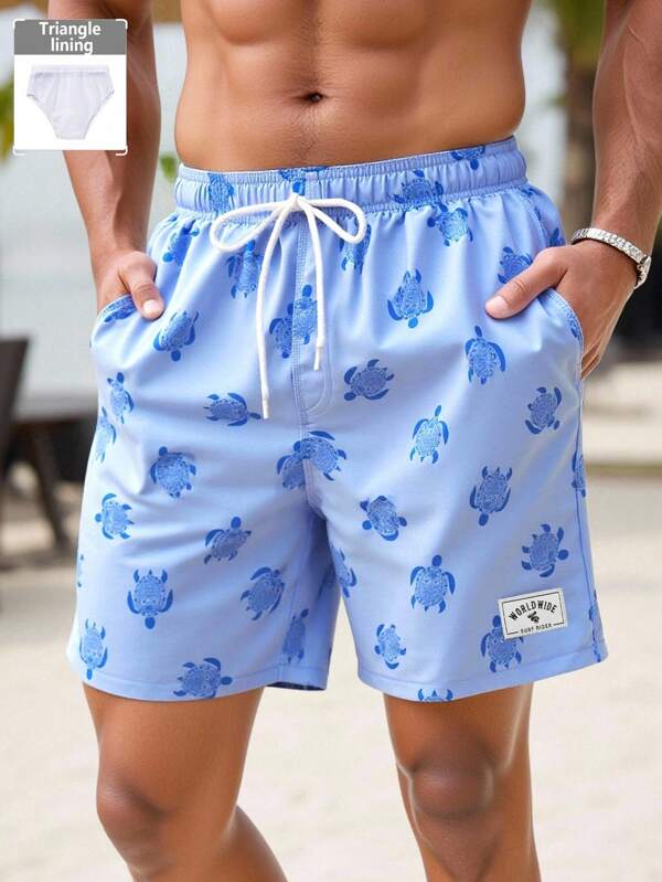 Manfinity Swimmode Men's Casual Turtle Print Beach Shorts, Summer
