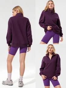 GLOWMODE 日常羊毛宽松齐臀半拉链长袖运动衫，带侧袋，日常休闲秋冬 - 櫻桃可樂 - 查看 7