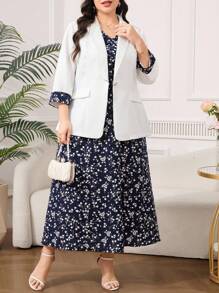 Reflora Plus Size Floral Patchwork Suit Jacket And Dress Set In Fall/Winter - Multicolor - View 6
