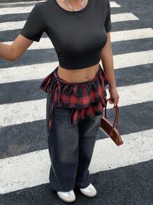 DAZY 女式格子分层系带超迷你裙秋季半身裙 - 紅色 - 查看 6