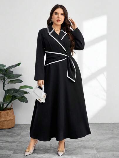 Modelyn Plus Size Elegant Commuter Colorblock Trim Midi Dress