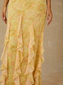 Enchnt 女式细肩带 V 领无袖荷叶边下摆优雅夏装 - 黃色 - 查看 2