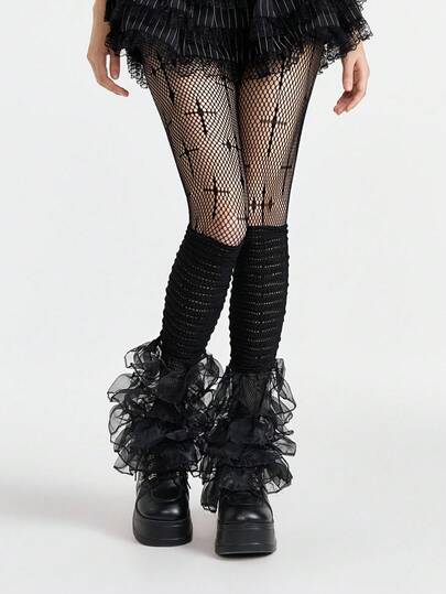 Grunge Punk 1pc Gothic Cross Pattern Fishnet Leg Warmers + 1 Pair Solid Color Lace Ruffle Leg Warmers, Y2K Baddie Style Set, Suitable For Daily Street Wear