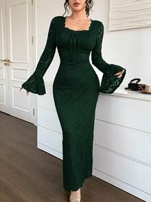Feyla Đầm suông cổ vuông tay chuông phối ren buộc phía trước thanh lịch cho nữ - Màu xanh lá cây đậm - Xem 6