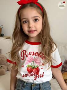 SHEIN Casual Retro American Style Bow & Strawberry Graphic Round Neck Short Sleeve T-Shirt, Rosette Sweet Girl, Back To School Season, Suitable For Summer School Clothes For Young Girls Girl Strawberry Shirt Strawberry Shirt For Girls Girls Tshirt Kids Girl Tops Birthday Tshirt For Girl - Multicolor - View 1