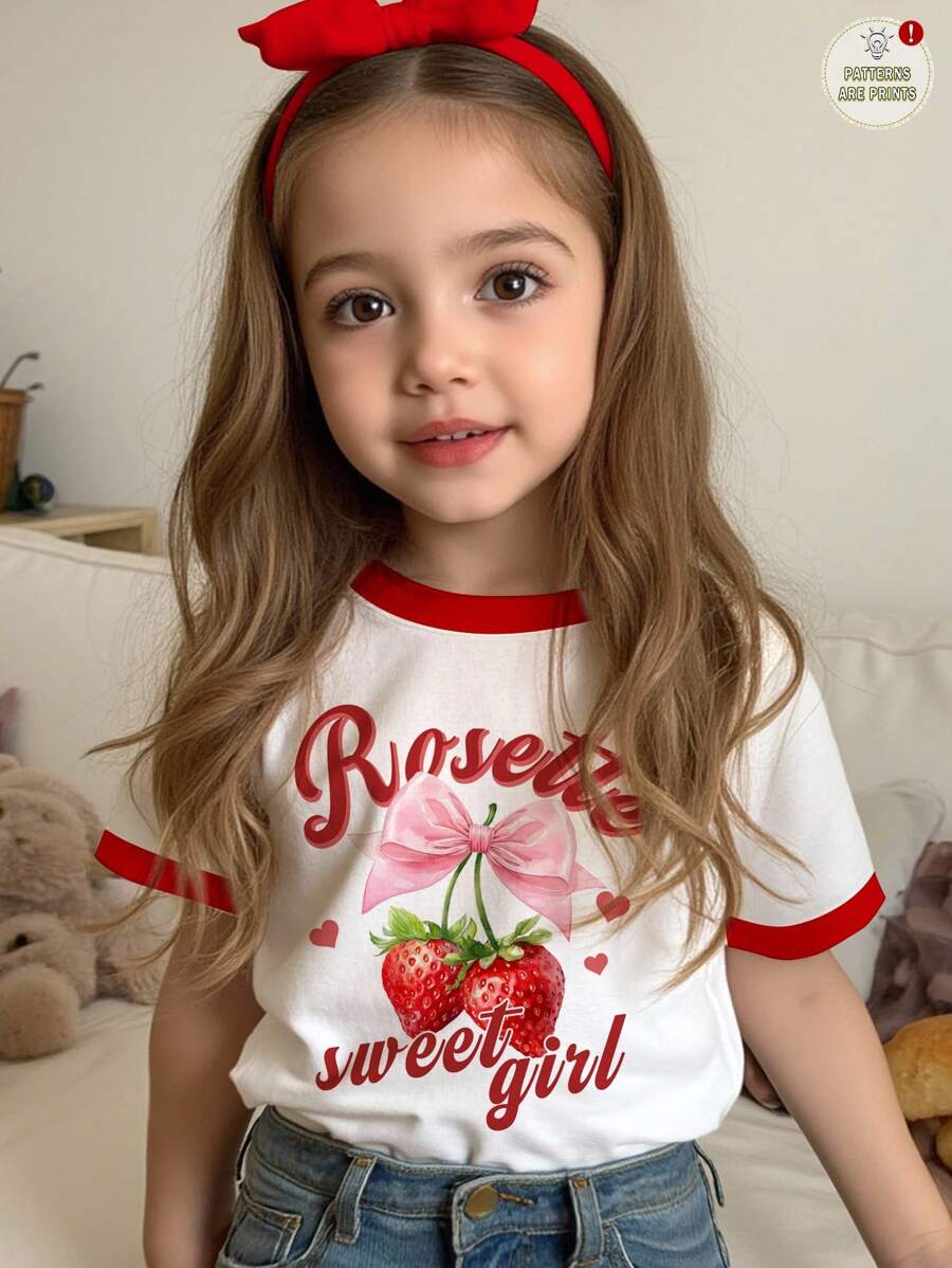 SHEIN Casual Retro American Style Bow & Strawberry Graphic Round Neck Short Sleeve T-Shirt, Rosette Sweet Girl, Back To School Season, Suitable For Summer School Clothes For Young Girls Girl Strawberry Shirt Strawberry Shirt For Girls Girls Tshirt Kids Girl Tops Birthday Tshirt For Girl - Multicolor - View 1