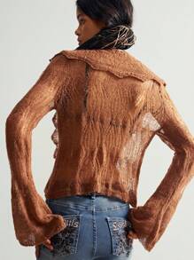 Bohemela 波西米亚风休闲纯色镂空荷叶边系带开衫，西部复古乡村风格，适合夏季/秋季度假 - 棕色 - 查看 7