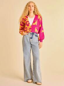 Cárdigan de punto ligero con estampado tropical y divertido de leopardo para mujer en otoño/invierno - Multicolor - Ver 3