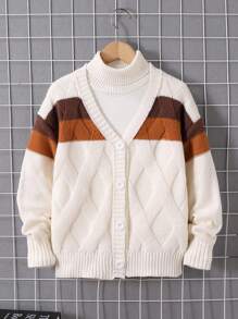 Tween Boy V-Neck Cardigan With Inter-Color Stripes, Personalized Design, Fried Dough Twists Pattern, Fashion, Cool, Y2Y, College Style, Casual, Versatile, Suitable For Outdoor Play, Suitable For Party, Suitable For Graduation Party, Suitable For Seaside, Suitable For Sports, Suitable For Speech, Knit, Sweater, Autumn And Winter Fall - White - View 1