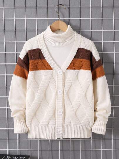 Tween Boys V-Neck Cardigan With Intercolor Stripes, Personalized Design, Fried Dough Twists Pattern, Fashion, Cool, Y2Y, College Style, Casual, Versatile, Suitable For Outdoor Play, Suitable For Party, Suitable For Graduation Party, Suitable For Seaside, Suitable For Sports, Suitable For Speech, Knit, Sweater, Outfit, Autumn And Winter Fall