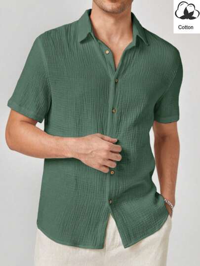 Manfinity BRENVOR Men's Woven Solid Color Single-Breasted Casual Short Sleeve Shirt Men Green Shirt Men Textured Shirt Men Gauze Shirt Men Open Knit Shirt Men Textured Shirt Men Gauze Shirt Men Cotton Shirt Men Short Sleeve Shirt