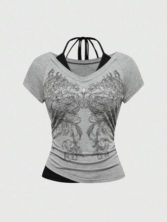 Grunge Punk Women's Summer Gothic Street Halter Side Ruched Splice 2 In 1 Wing Mesh Pattern Rhinestone T-Shirt