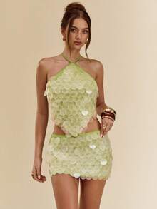 SHEIN BAE 绿色超大亮片女式迷你裙，音乐节细肩带裙，绿色亮片迷你裙适合海滩、度假 - 綠色 - 查看 4