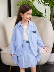 Young Girl Casual Striped Letter Patch Shirt And Pleated Skirt Set - Blue and White - View 6