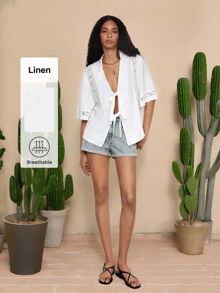 SHEIN Maija Blusa blanca de verano para mujer, con cuello vuelto, emparchada con volantes, de manga corta, informal, bohemia, de playa y vacaciones, estilo hawaiano suelto