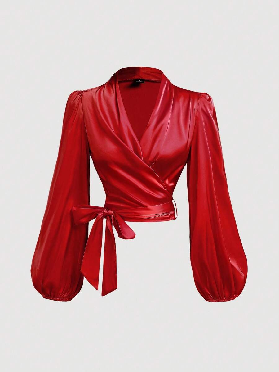 SHEIN MOD Women's Burgundy Wrap-Around Tie-Up Bow Batwing Sleeve Blouse,Women Shirts,Glittery Blouse,Red Satin Wrap Top,New Years Top - Burgundy - View 1