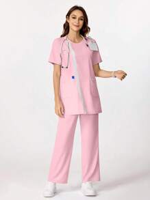 TaskEZ Lace Patchwork Casual Loose Multi-Pocket Top And High Waist Straight Leg Pants Scrub Uniform Set - Pink - View 6