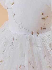 Glamorique Kids 女孩/婴儿公主裙、花童生日派对婚礼场合礼服、3D 刺绣薄纱网、白色薄纱、泡泡袖、针织面料、四季皆宜 - 白色 - 查看 6