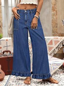 EMERY ROSE Plus Size Frilled Edge Wide Leg Denim Pants, Vacation Style - Dark Wash - View 6